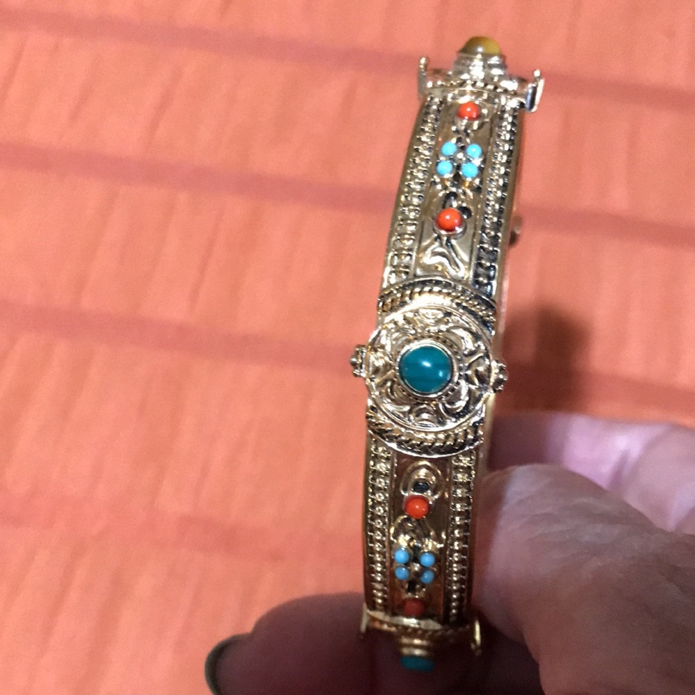 Gold-Tone Turquoise & Coral Accent Bangle Bracelet. - Picture 6 of 9